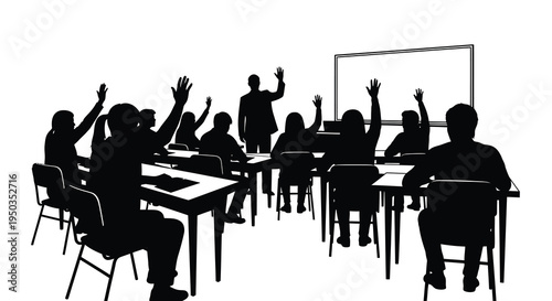 A silhouetted classroom scene depicts students actively participating with raised hands and a teacher standing high quality professional detailed