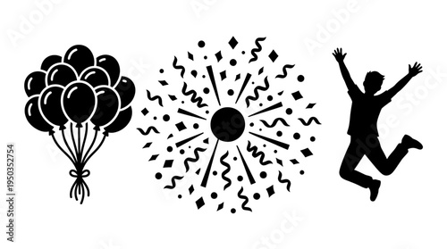 Celebration icons set balloons, confetti, jumping person
