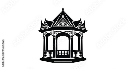 An intricately detailed black and white illustration depicts a classic victorian gazebo with ornate architectural elements high quality professional