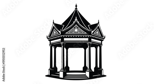 A detailed black and white illustration depicts an ornate classical style gazebo with a multi tiered roof high quality professional modern