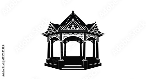 A detailed black and white illustration showcases a classic victorian gazebo with ornate detailing and symmetrical design high quality
