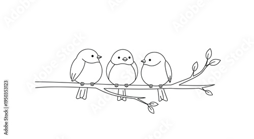 Charming simple line art drawing features three adorable small birds perched together on a bare tree branch