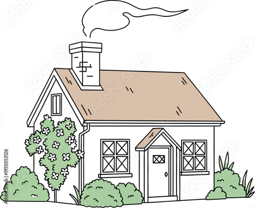 Simple line drawing illustration of a charming cozy cottage house with blooming shrubbery and a chimney emitting soft smoke