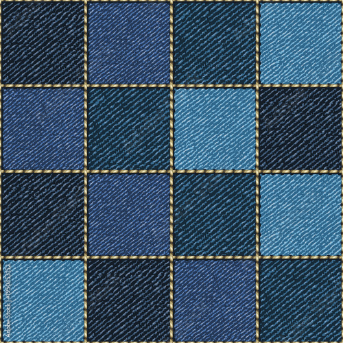 Seamless blue denim pattern with square fabric patches with stitching between them. Classic square geometric grid. Print for apparel, textile design