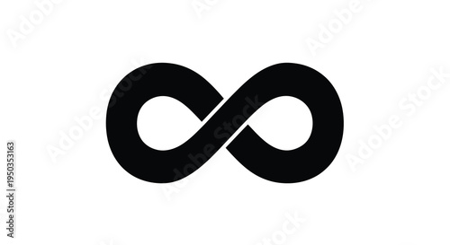 A stark black infinity symbol dominates a white background representing endlessness and cyclical concepts with simple design high quality