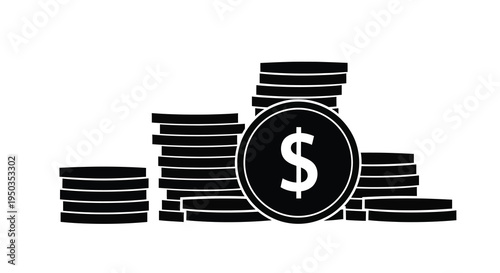 A black and white illustration depicts several stacks of coins with a prominent dollar sign on one high quality