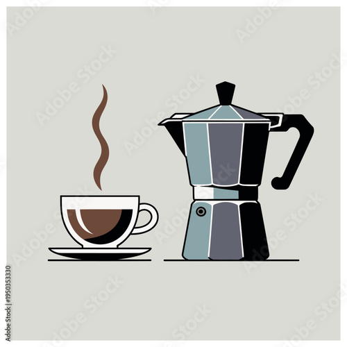 Steaming cup of coffee next to a classic Moka pot on a light background, a minimalist vector illustration.