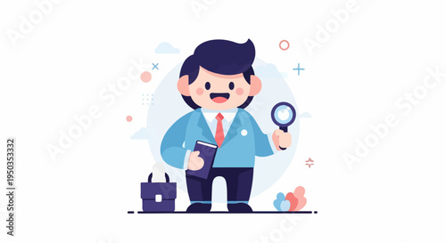 A cartoon man in a suit holds a magnifying glass and a book, with a briefcase