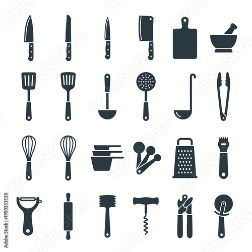 A comprehensive collection of kitchen utensils and cooking tools, presented as dark silhouettes on a white background, illustrating various culinary implements.
