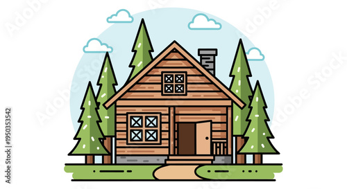 Cozy Log Cabin in Pine Forest, Rustic Woodland Dwelling with Open Door and Path