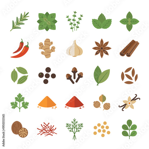 A vibrant collection of culinary herbs and spices, featuring rosemary, mint, chili, ginger, garlic, star anise, cinnamon, cardamom, peppercorns, cloves, bay leaves, and vanilla.