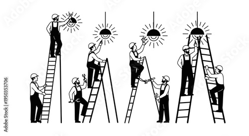 Electricians Installing Light Bulbs on Ladders, Teamwork and Maintenance Concept