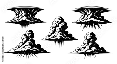 Explosion Cloud Set: Mushroom Cloud, Smoke Plume, Fire Burst - Black and White Vector Illustrations