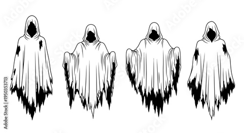 Four Terrifying Ghost Figures with Tattered Robes and Dark Hoods, Spooky Halloween Concept