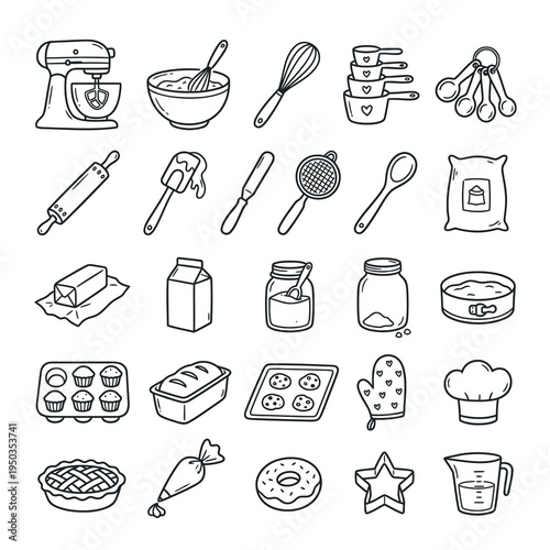 A collection of hand-drawn line art illustrations depicting various baking tools, ingredients, and finished baked goods like cakes, pies, and donuts.