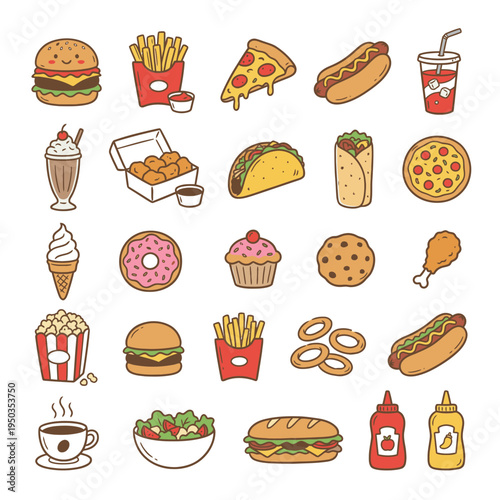 A delightful collection of cute cartoon fast food and snack items, including burgers, pizza, fries, hot dogs, and desserts.