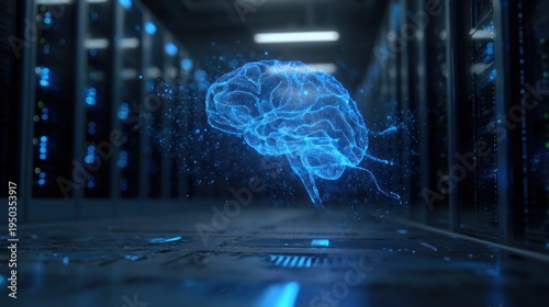 Digital brain hologram in server room representing data processing technology
