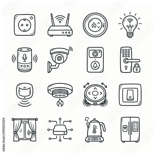 Hand-drawn smart home technology icons set, including security cameras, smart speakers, light bulbs, thermostats, and various connected devices for modern living.