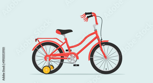Red Bicycle with Training Wheels on Light Blue Background