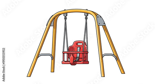 Red Baby Swing Seat with Chains on Metal Frame in Playground