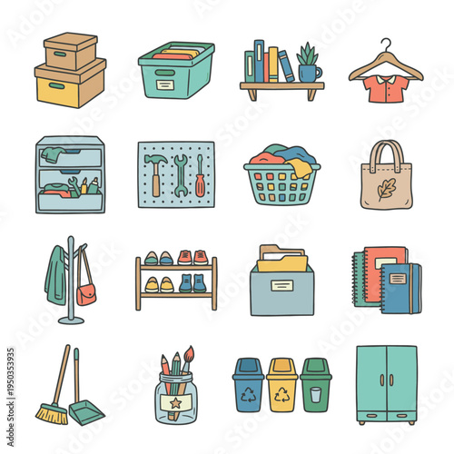 Collection of various household organization items, storage solutions, and cleaning tools in a charming doodle style.