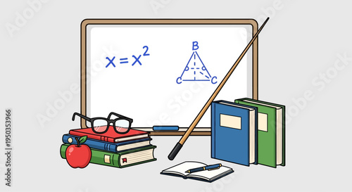 School Classroom Setup with Whiteboard, Books, Apple, and Glasses - Education Concept
