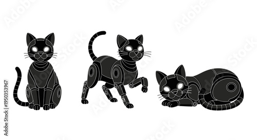 Robotic Black Cat Trio: Sitting, Walking, and Lying Down with Glowing Eyes