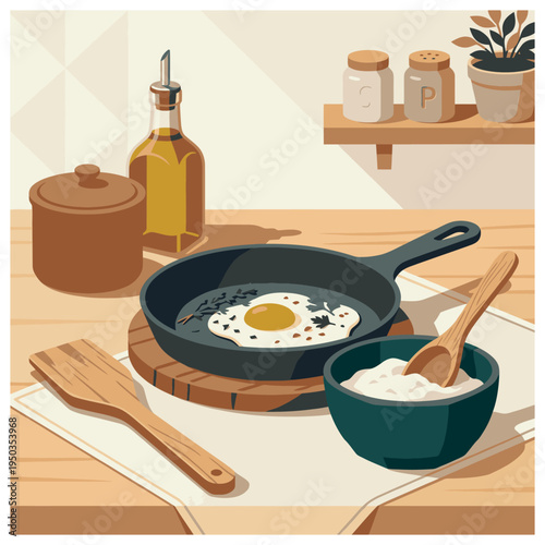A detailed illustration of a kitchen counter with a fried egg in a pan, cooking ingredients, and utensils, set against a warm, inviting background.