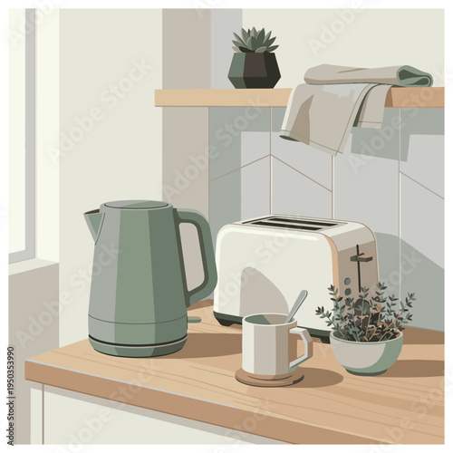 Modern kitchen counter with green electric kettle, white toaster, mug, and potted plants in a minimalist illustration style.