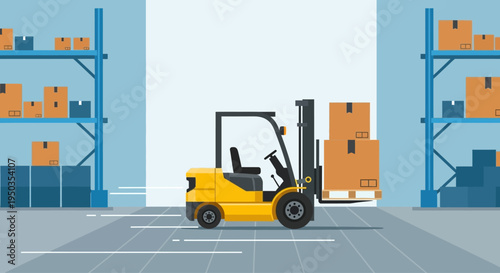 Yellow Forklift Truck Moving Boxes in Warehouse Loading Dock