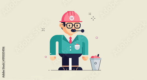 A cartoon person in a hard hat and suit holds a microphone or straw