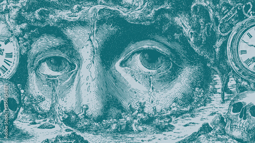 Surreal melting clocks and eyes, a continuous pattern of warped clock gears hanging over abstract shapes, vector illustration