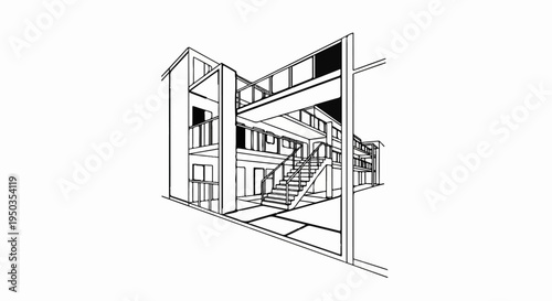 A black and white sketch of a multi-story building with balconies and stairs