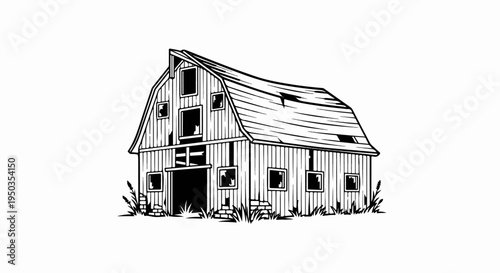 A black and white sketch of a rustic, dilapidated barn with broken roof and windows