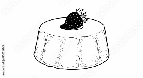A black and white sketch of a round dessert topped with a strawberry