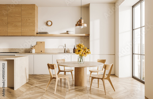Modern kitchen interior with wooden table, chairs and cabinetry in minimalist style on bright background, concept of warm architecture harmony, 3D Rendering
