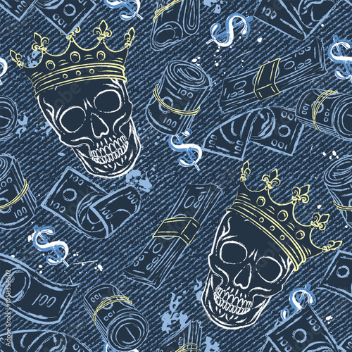 Seamless pattern with skull in crown, scattered 100 dollar notes, cash money, splattered paint. Outline illustrations in grunge style on denim textured background. Print for apparel, textile design