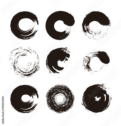 Set of 9 black ink brush stroke circles with Zen style textures. Hand-drawn oriental ink wash painting elements for logo design, Japanese calligraphy, and creative artistic backgrounds.