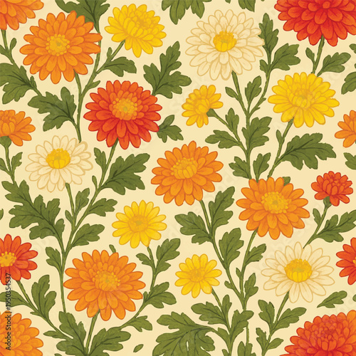 A pattern with orangeyellow flowers and green leaves