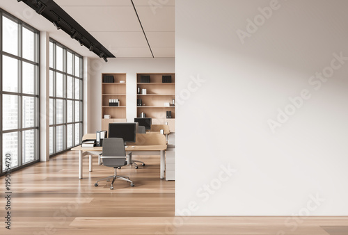 Open office interior with desks and blank wall, minimal style on bright background, concept of workspace presentation. 3D Rendering