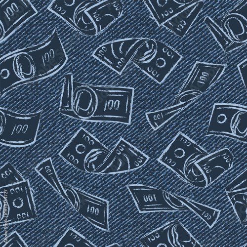 Seamless pattern with scattered 100 US dollar notes in outline style on blue denim texture. Falling, folded, twisted, flying dollar banknotes. Grunge style. Print for apparel, textile design