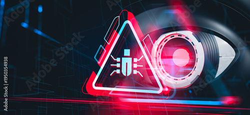 Fotografie Warning triangle with malware icon and digital eye in futuristic neon style on d