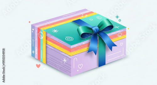 Colorful gift box with blue ribbon and decorative patterns on a white background for celebrations