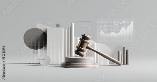 Conceptual gavel on podium with data charts illustrating legal and financial concepts