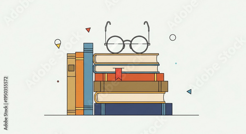 Stack of books with glasses on top symbolizing education learning and intellectual pursuits in a minimalist style