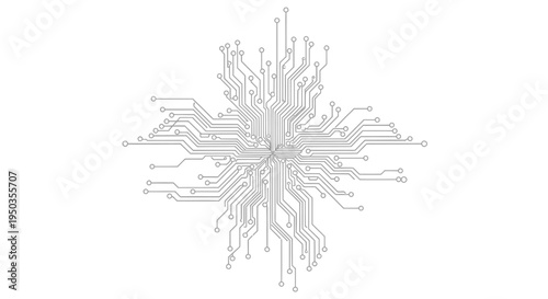 Abstract circuit board pattern in a snowflake or star-like shape, symbolizing technology and connectivity, on an isolated white background.
