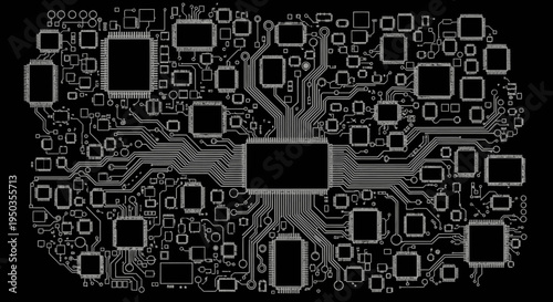 Intricate white circuit board design with multiple integrated circuits and detailed pathways on a dark black background.