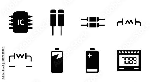 Set of electronic components icons including an IC chip, cables, resistor, battery, and digital timer on an isolated white background.