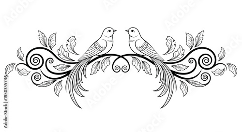 Two elegant birds sitting on an ornate branch with floral scrollwork design, representing romance and nature, on an isolated white background.