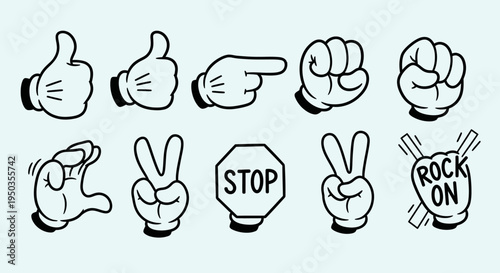 Collection of cartoon hands showing diverse gestures like thumbs up, pointing, peace sign, stop, fist, and rock on symbol on a light blue background.